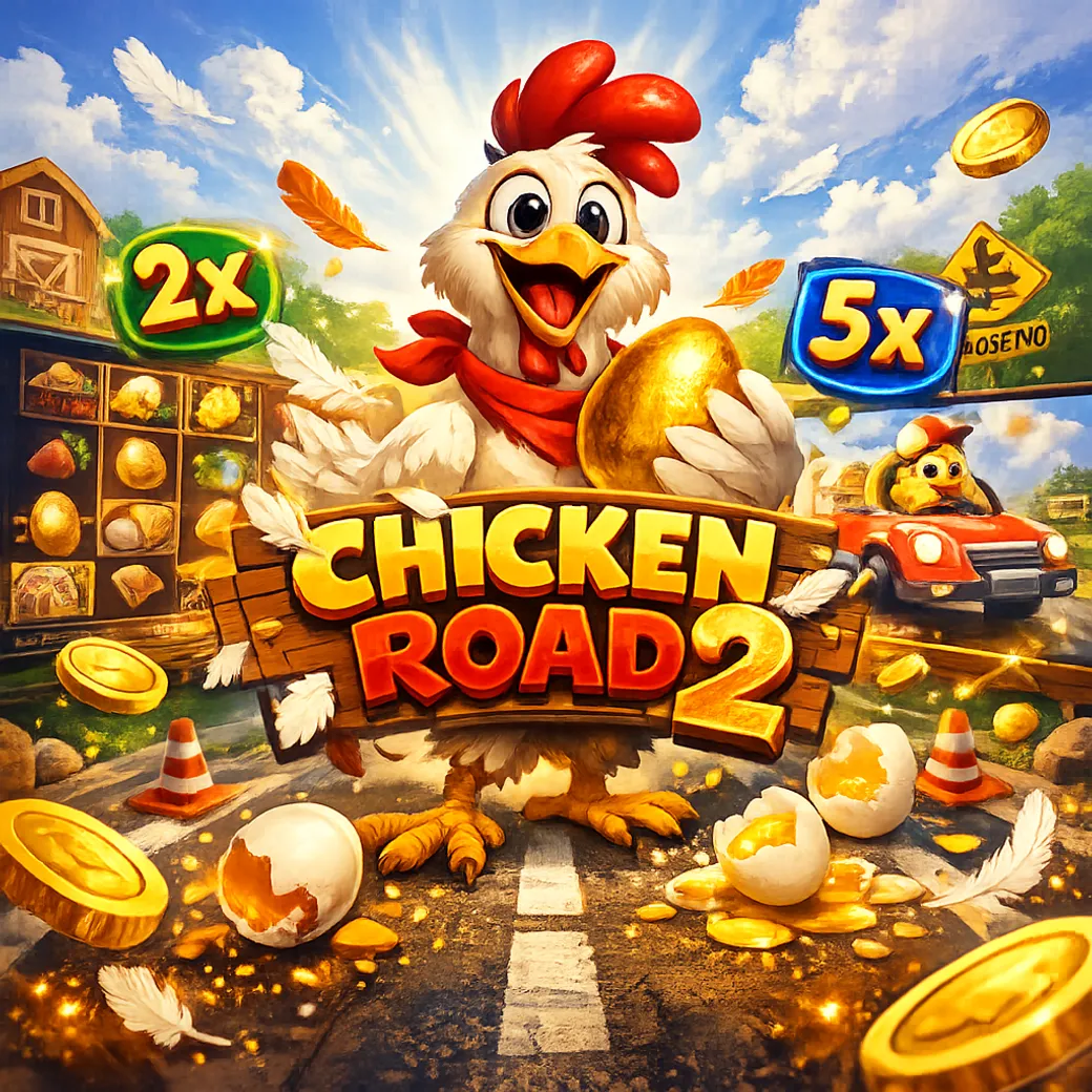 Vibrant promo image for Chicken Road slot featuring a funny chicken, road lanes and floating coins.